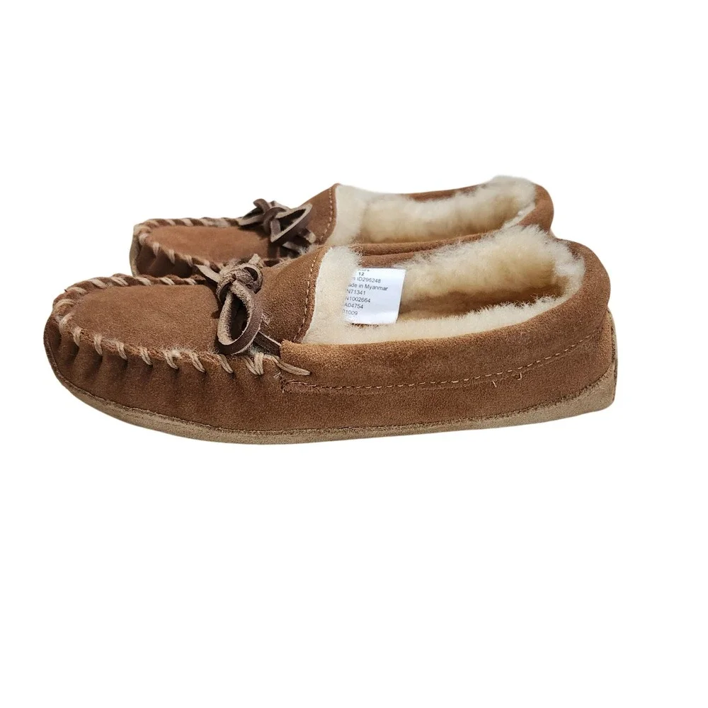 LL Bean Wicked Good Moccasins Kids Size 12 Brown Shearling Lined Suede Slippers
